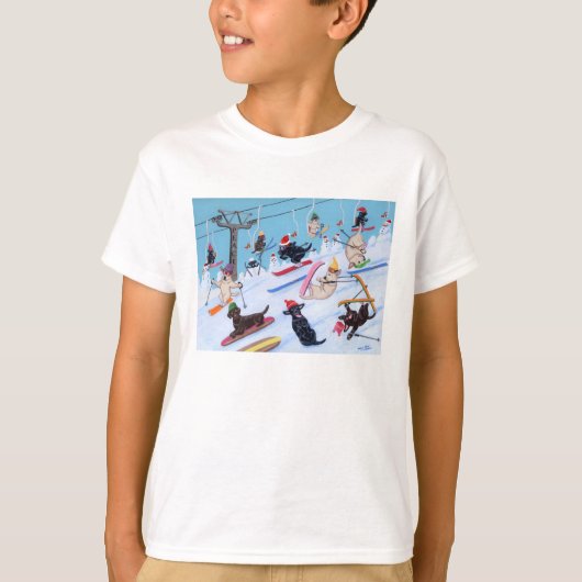 T-shirt Peinture de ski de Labradors d'amusement d'hiver (Devant)