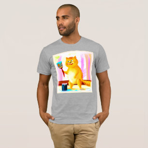 T-shirt Peinture Mignonne D'Un Chat Tenant Une Brosse. Com