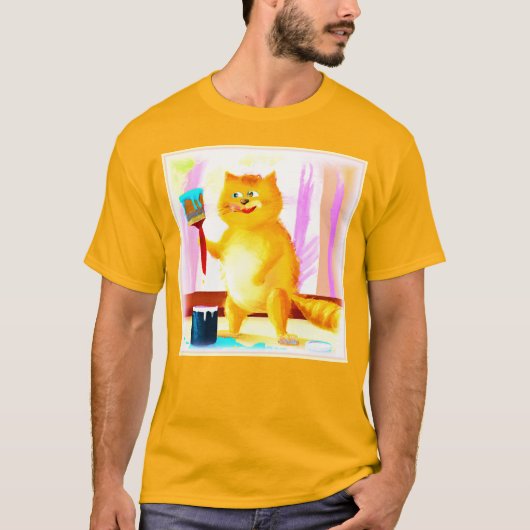 T-shirt Peinture Mignonne D'Un Chat Tenant Une Brosse. Com (Devant)