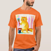 T-shirt Peinture Mignonne D'Un Chat Tenant Une Brosse. Com (Devant)