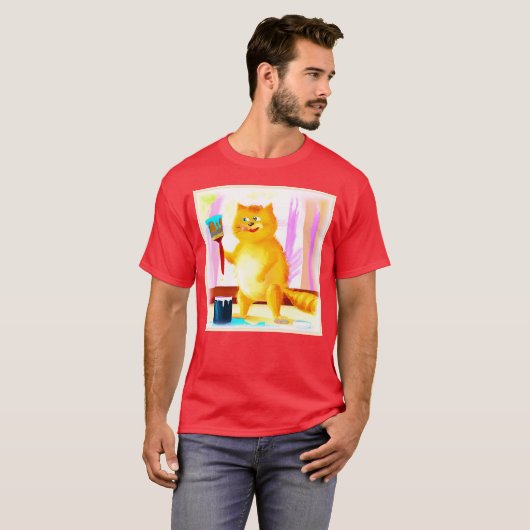 T-shirt Peinture Mignonne D'Un Chat Tenant Une Brosse. Com (Devant entier)