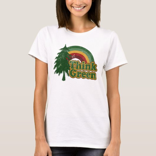 T-shirt Pensez l'arc-en-ciel vert et rétro et l'arbre (Devant)
