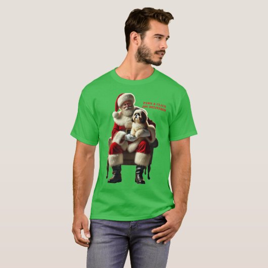 T-shirt Père Noël assis avec un Chien Chien Chien Chien Ch (Devant entier)