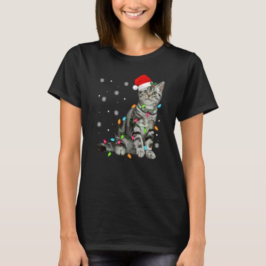 T-shirt Père Noël Cat Christmas Tree Lights Chat (Devant)