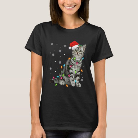 T-shirt Père Noël Cat Christmas Tree Lights Vacances Cat 1 (Devant)