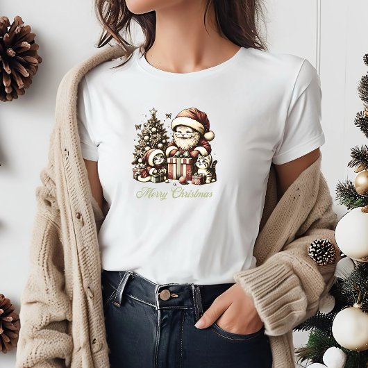T-shirt Père Noël Cat et ses petits assistants en style Vi