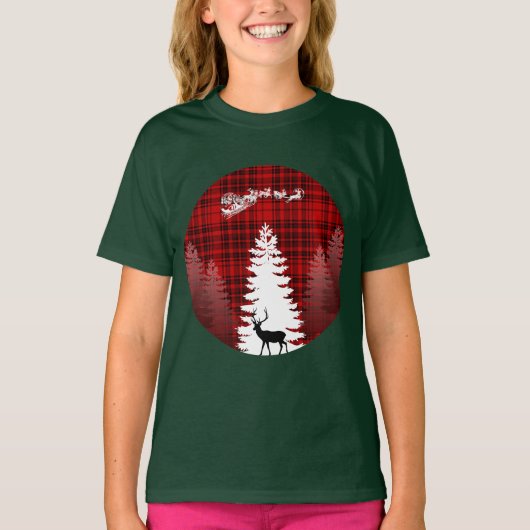 T-shirt père Noël cerf de Noël arbre rouge à damiers plaid (Devant)