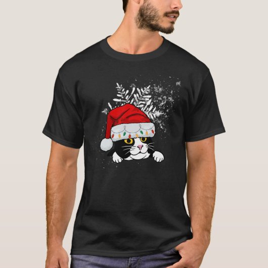 T-shirt Père Noël Chat Noir Dans Les Lumières Des Arbres D (Devant)