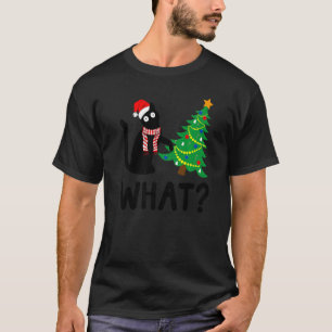 T-shirt Père Noël chat noir poussant un sapin de Noël sur