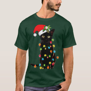 T-shirt Père Noël Chat Noir Tangé Dans La Lumière De L'Arb