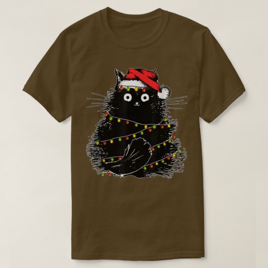 T-shirt Père Noël Chat Noir Tangé Dans La Lumière De L'Arb (Design devant)