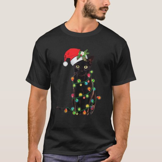 T-shirt Père Noël Chat Noir Tangé Dans La Lumière De L'Arb (Devant)