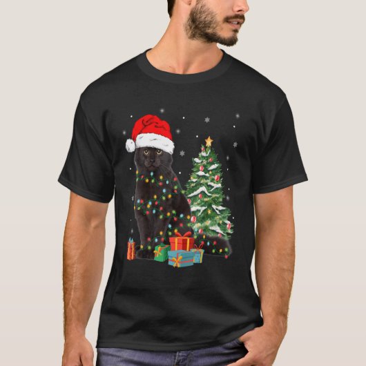 T-shirt Père Noël Chat Noir Tangé Dans Les Lumières De Noë (Devant)