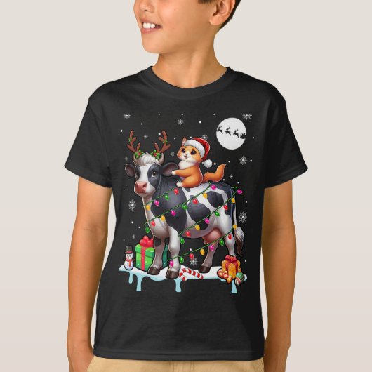 T-shirt Père Noël Chat Riding Reindeer Vache Noël Lumières (Devant)