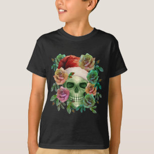T-SHIRT PÈRE NOËL DRÔLE CRÂNE VERT ET FLORAL NOËL