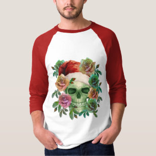 T-SHIRT PÈRE NOËL DRÔLE CRÂNE VERT ET FLORAL NOËL