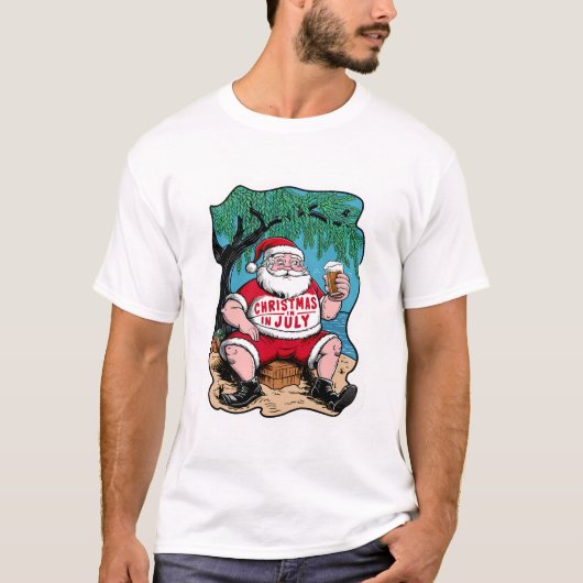 T-shirt Père Noël Festive Appréciant La Bière Sous Arbre (Devant)