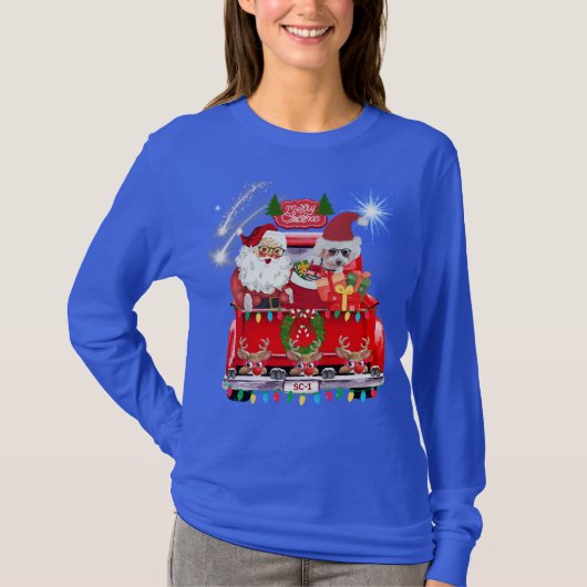 T-shirt Père Noël Poodle Reindeer Christmas Blue Tee (Devant)