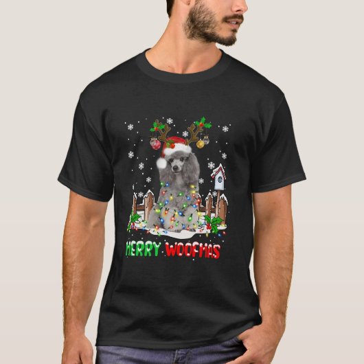 T-shirt Père Noël Reindeer Poodé Chien Lumières de Noël Lo (Devant)