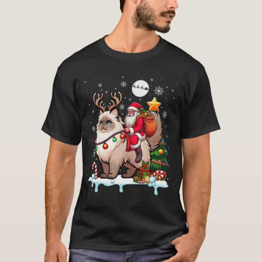 T-shirt Père Noël Riding Reindeer Himalayan Chat Xmas Tree (Devant)