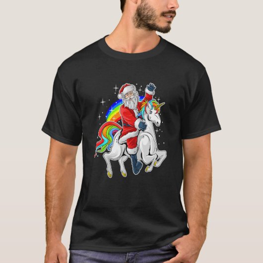 T-shirt Père Noël Riding Unicorn Arc en ciel Noël (Devant)