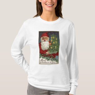 T-shirt Père Noël tenant un arbre illuminé par des boug