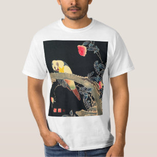 T-shirt Perroquet sur la branche d'un Rose en fleurs Bush