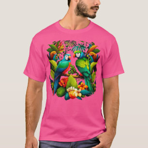 T-shirt Perroquets tropicaux dressés en feuille et fleurs