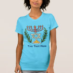 T-shirt Persan Magen David Menorah<br><div class="desc">Cette image a été adaptée d'une tuile juive persane antique et comporte un menorah avec un Magen David (étoile de David) encadré par des branches d'olivier.  Les imperfections de l'image originale et peinte à la main ont été préservées.</div>