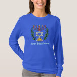 T-shirt Persian Magen David Menorah<br><div class="desc">Cette image a été adaptée à partir d'un carrelage juif perse antique et présente une menorah et Magen David (Étoile de David) encadrés de branches d'olivier. Les imperfections de l'image originale peinte à la main ont été conservées.</div>