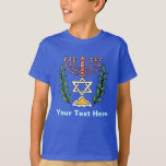 T-shirt Persian Magen David Menorah<br><div class="desc">Cette image a été adaptée à partir d'un carrelage juif perse antique et présente une menorah avec un Magen David (Étoile de David) encadré de branches d'olivier. Les imperfections de l'image originale peinte à la main ont été conservées.</div>