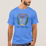 T-shirt Persian Magen David Menorah<br><div class="desc">Cette image a été adaptée à partir d'un carrelage juif perse antique et présente une menorah avec un Magen David (Étoile de David) encadré de branches d'olivier. Les imperfections de l'image originale peinte à la main ont été conservées.</div>