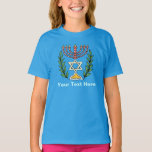 T-shirt Persian Magen David Menorah<br><div class="desc">Cette image a été adaptée à partir d'un carrelage juif perse antique et présente une menorah avec un Magen David (Étoile de David) encadré de branches d'olivier. Les imperfections de l'image originale peinte à la main ont été conservées.</div>