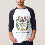 T-shirt Persian Magen David Menorah<br><div class="desc">Cette image a été adaptée à partir d'un carrelage juif perse antique et présente une menorah avec un Magen David (Étoile de David) encadré de branches d'olivier. Les imperfections de l'image originale peinte à la main ont été conservées.</div>