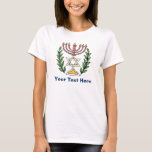 T-shirt Persian Magen David Menorah<br><div class="desc">Cette image a été adaptée à partir d'un carrelage juif perse antique et présente une menorah avec un Magen David (Étoile de David) encadré de branches d'olivier. Les imperfections de l'image originale peinte à la main ont été conservées.</div>