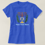 T-shirt Persian Magen David Menorah<br><div class="desc">Cette image a été adaptée à partir d'un carrelage juif perse antique et présente une menorah avec un Magen David (Étoile de David) encadré de branches d'olivier. Les imperfections de l'image originale peinte à la main ont été conservées.</div>