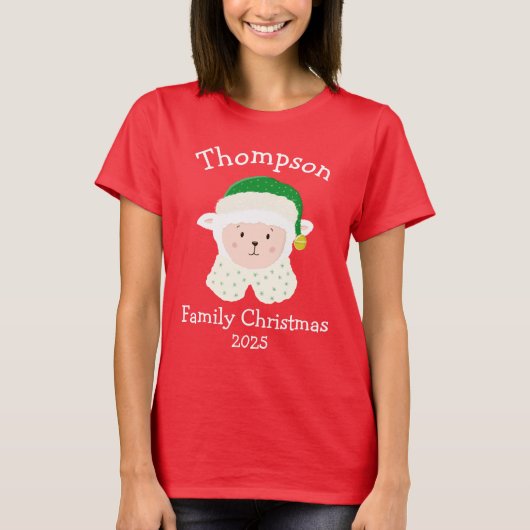 T-shirt Personalised Christmas Baby Sheep Wearing Elf Hat (Devant)