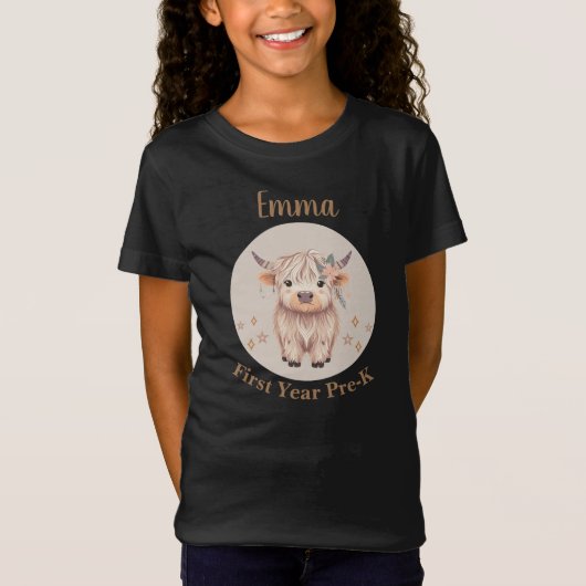 T-Shirt Personalized First Year PreK Cute Highland Cow (Devant)