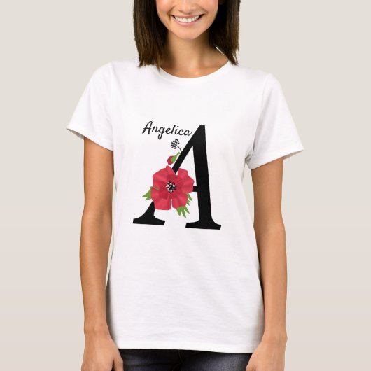 T-shirt Personalized monogram editable A text red flower f (Devant)