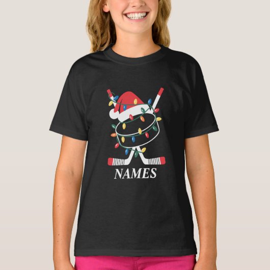 T-shirt Personalized Name Christmas Hockey Xmas Santa Hat (Devant)