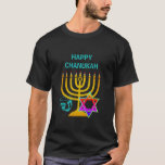 T-shirt Personnalisé HAPPY CHANUKAH<br><div class="desc">Elégant,  élégant T-shirt HANOUKKA,  conçu avec un faux menorah or,  l'étoile colorée de David et le dreidel couleur argent plus CUSTOMIZABLE GREETING,  afin que vous puissiez créer votre propre salutation. Idéal pour la saison Hanoukka. Choisissez parmi une large gamme de vêtements et cadeaux Hanoukka,  conçus par Berean Designs.</div>