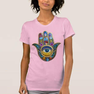 T-shirt Pétales Colorés Feuilles Hamsa Saphir Troisième Œi