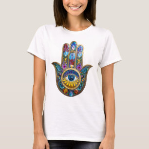 T-shirt Pétales Colorés Feuilles Hamsa Saphir Troisième Œi