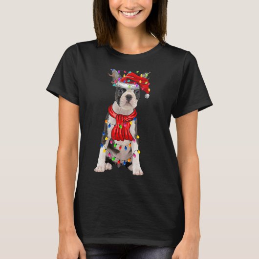 T-shirt Petit Boston Terrier Christmas Tree Lights Chien (Devant)