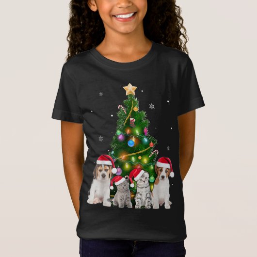 T-Shirt Petit Chat Et Chien Noël Arbre Amoureux des chats  (Devant)