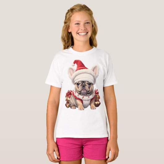 T-shirt Petit Chien à taureaux français Santa Hat Joyeux N (Devant entier)