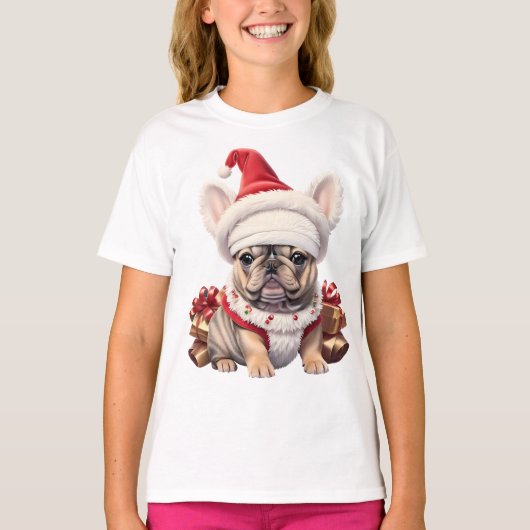 T-shirt Petit Chien à taureaux français Santa Hat Joyeux N (Devant)