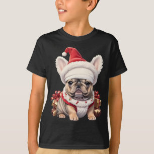 T-shirt Petit Chien à taureaux français Santa Hat Joyeux N