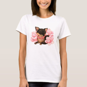 T-shirt Petit chihuahua mignon chien aux fleurs roses
