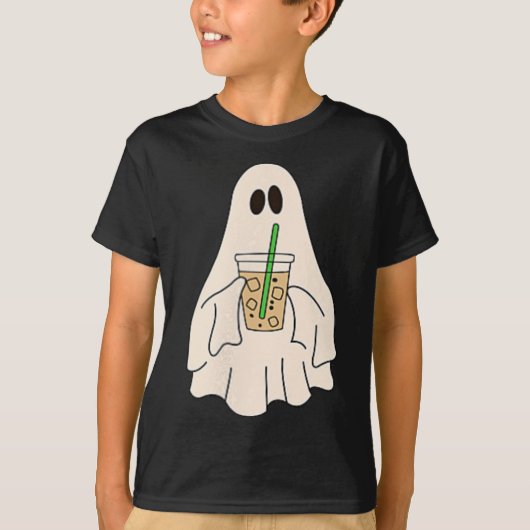 T-shirt Petit Fantôme Boire Café glacé Halloween Éffrayant (Devant)
